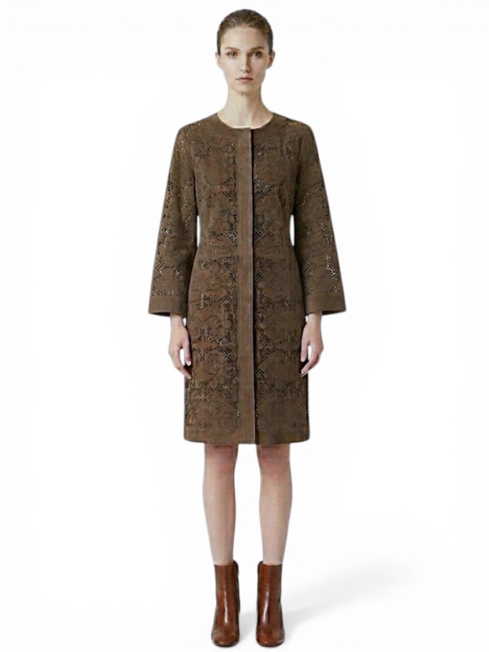 Jigsaw Suede 100% Leather Laser Cut Long Brown Olive Snap Front Coat Jacket M